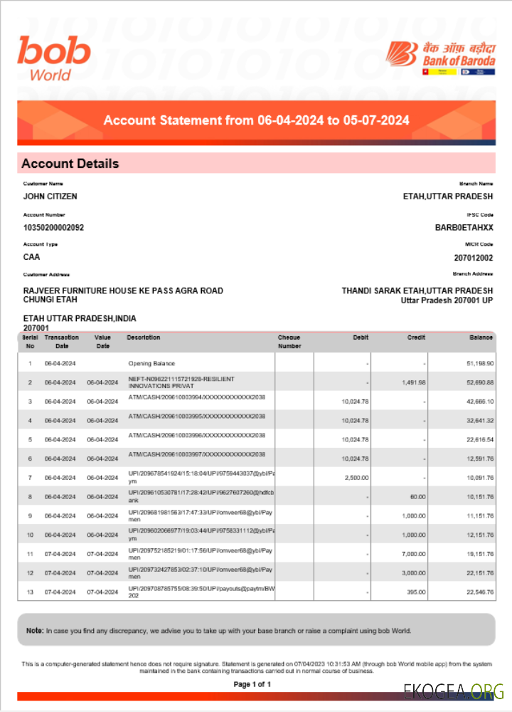 Inde Déclaration de Bob Bank of Boroda Exemple Word et PDF